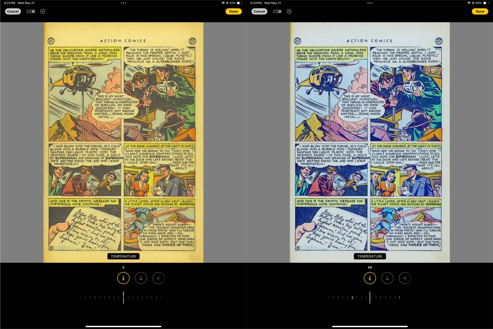 Image filters on an old comic scan: before and after