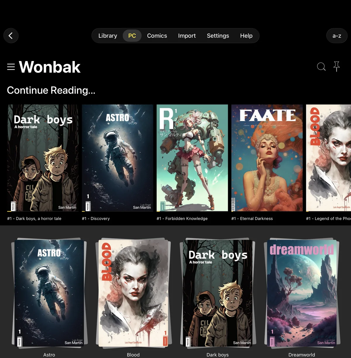 YACReader for iPad browsing a YACReaderLibrary on the computer: Continue Reading and the comics grid