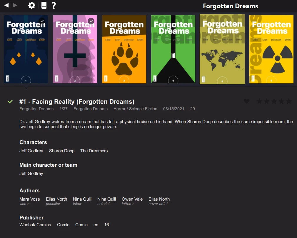 The information view of a comic in YACReaderLibrary: the issues of the series, the synopsis, characters, authors and publisher