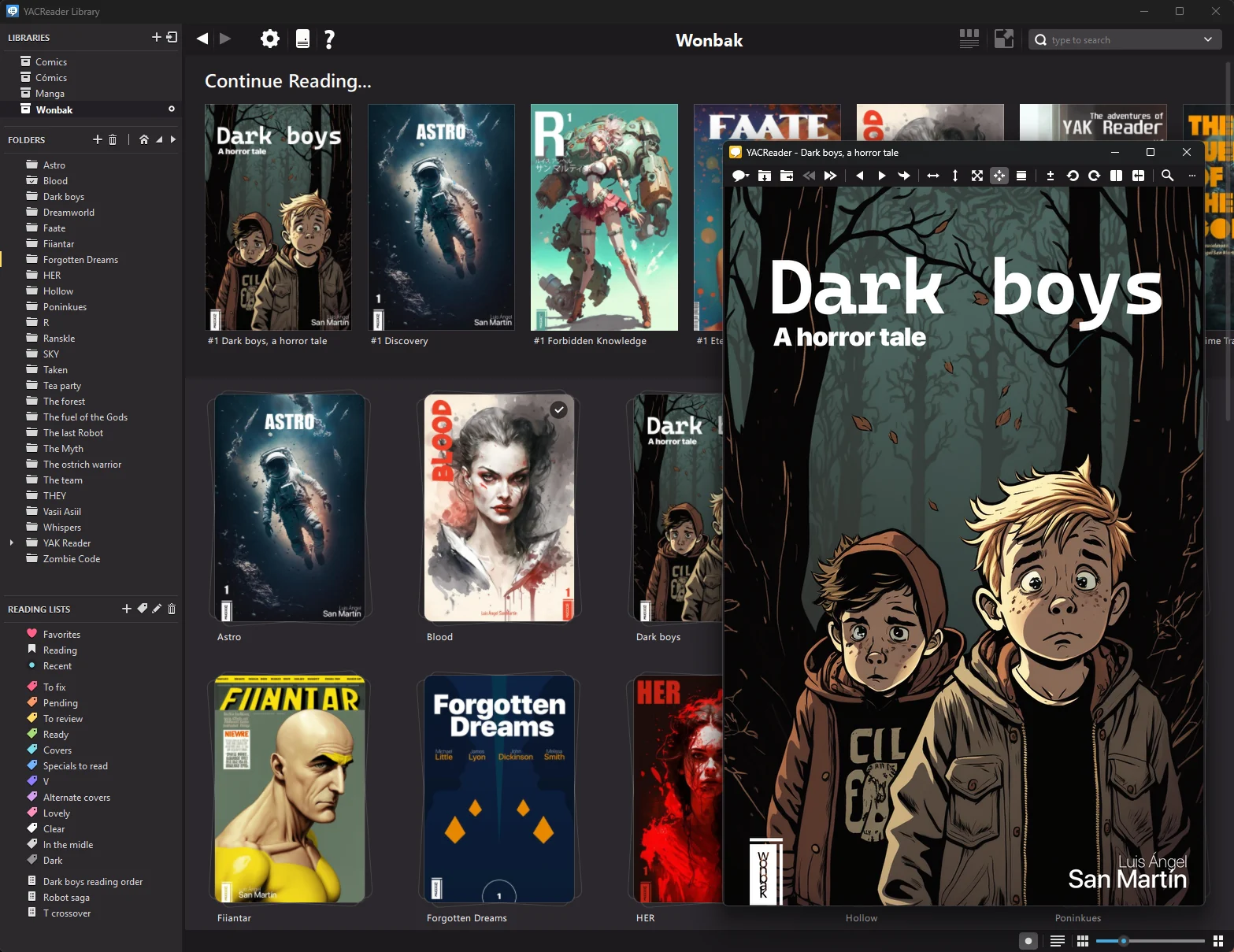 YACReaderLibrary with Continue Reading and a grid of comics, and a comic open in YACReader