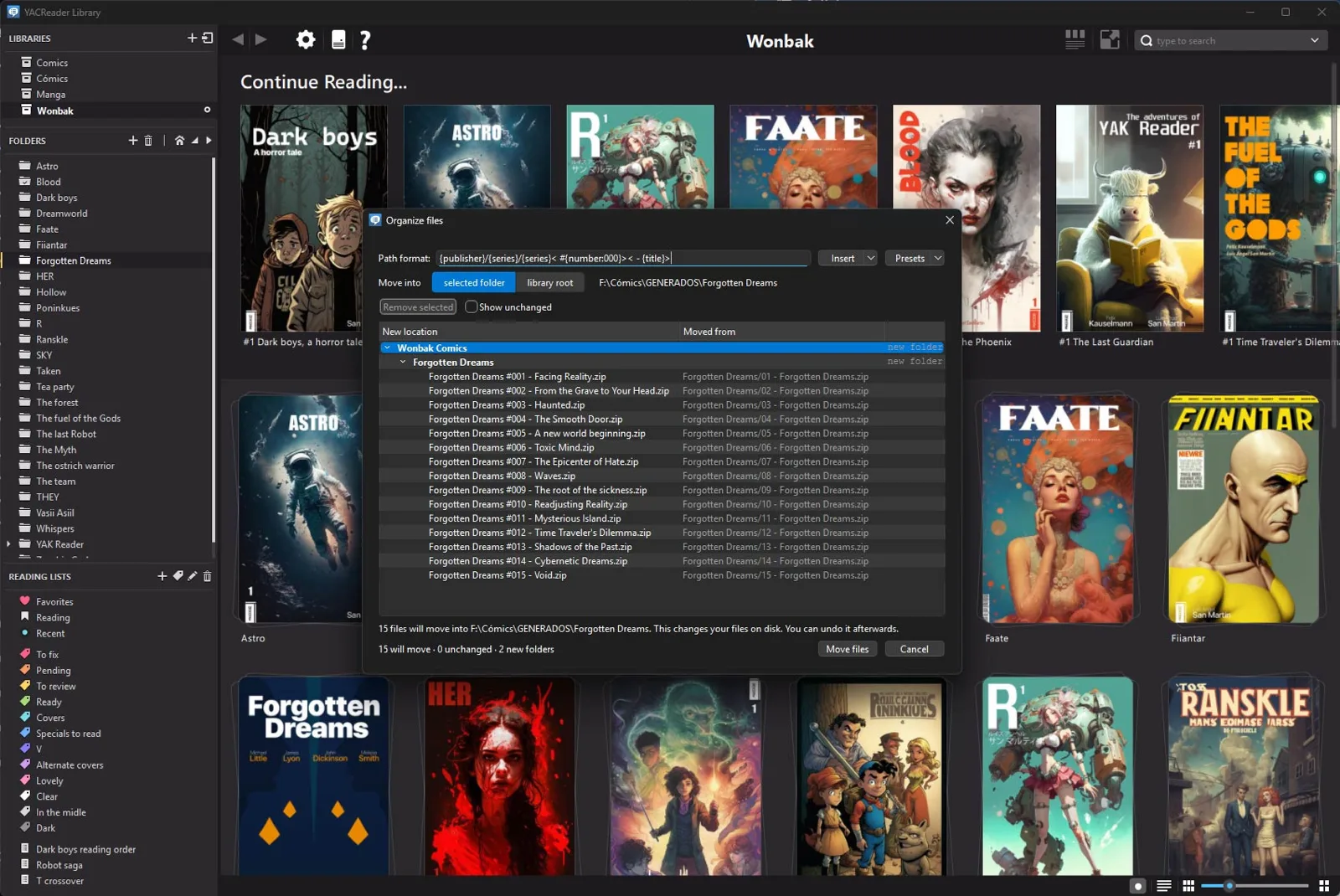 The Organize files dialog: new file names and folders built from metadata
