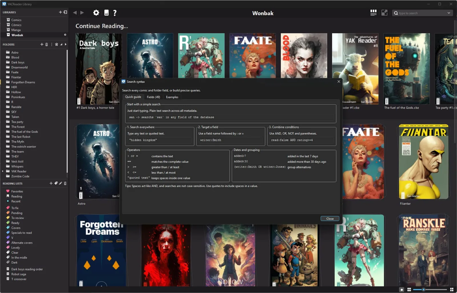 The built-in search guide in YACReaderLibrary