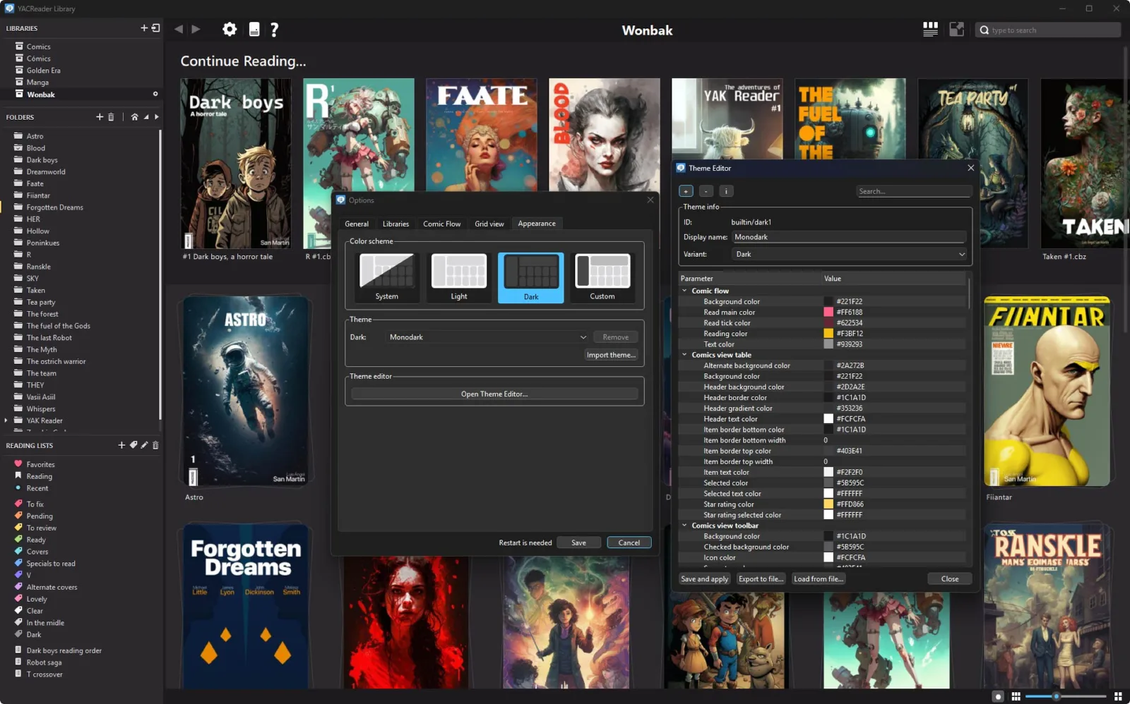 YACReaderLibrary with a custom theme and the theme editor